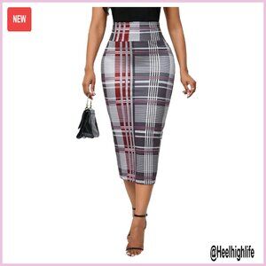 High Waist Knee Length Pencil Skirt Plaid Print Bodycon Fit